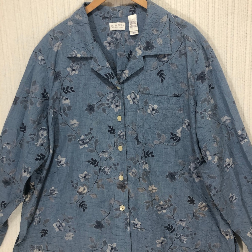 Elisabeth Floral Button Down Shirt Long Sleeve Collared Top Blue Size 20